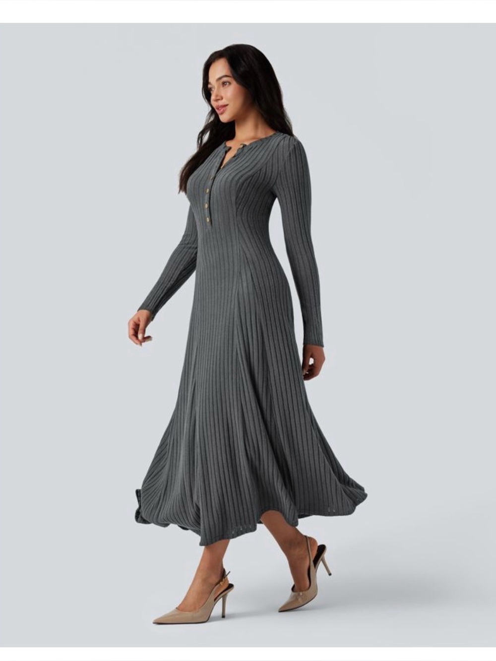 HALARA Ribbed Henley Long-Sleeve Maxi Dress in Charcoal Gray - Picture 3 of 5